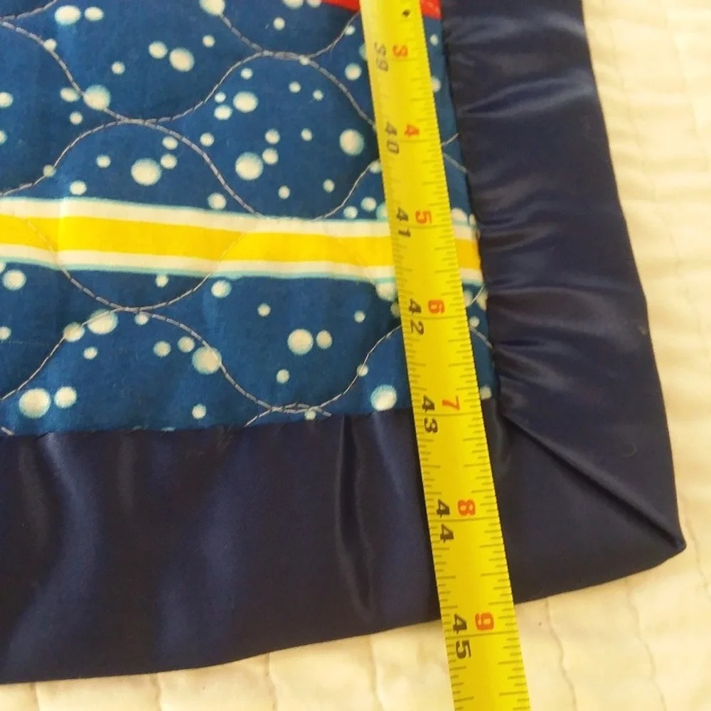 Handmade Baby Quilt Duck Patchwork Blanket Satin Trim Play Mat Blue Yellow 45x28